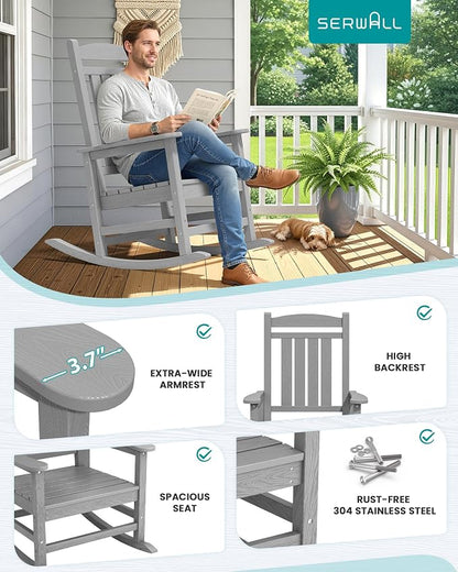SERWALL Rocking Chair Outdoor, Oversized Patio Rocking Chairs, Light Gray | - Image 7
