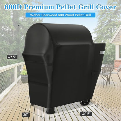 Utheer Grill Cover for Weber Searwood 600 Pellet Grill, Heavy Duty 600D Waterproof Fabric Grill Cover for Weber 3400145, Black