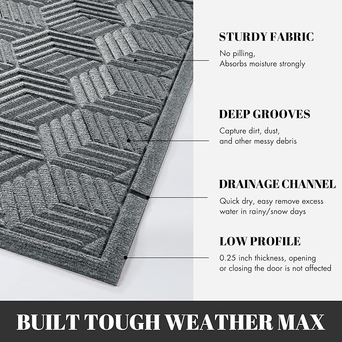 Yimobra Extra Large Door Mat 60x32, All-Season Waterproof Outdoor Mats for Front Door Entrance with Drainage Holes, Heavy Duty Non-Slip Doormat for Garage Patio Entryway Indoor, Black Gray