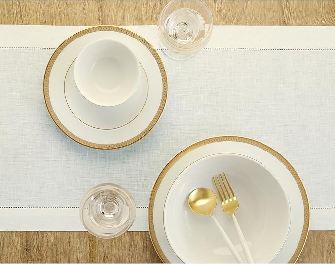 Solino Home Linen Ivory Table Runner 36 Inches - Classic Hemstitch, 100% Pure Linen Coffee Table Runner 14 x 36 Inch Ideal for Dresser Tables - Spring, Easter