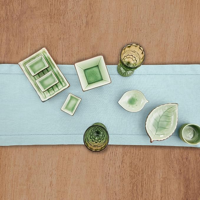 Solino Home Linen Aqua Blue Table Runner 48 Inches - Classic Hemstitch, 100% Pure Linen Coffee Table Runner 14 x 48 Inch Ideal for Dresser Tables - Winter, Spring, Easter