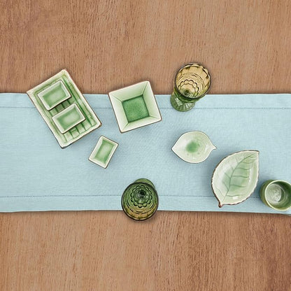 Solino Home Linen Aqua Blue Table Runner 132 Inches Long - 100% Pure Linen Extra Long Table Runner 14 x 132 Inch for Spring, Easter - Classic Hemstitch