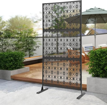 75" H×35" W Decorative Outdoor Privacy Screen with Stand, Outdoor Decor Privacy Fence Screen Metal Fence Panels, Free Standing Metal Divider for Patio Lawn Deck (Black-Small Snowflake)