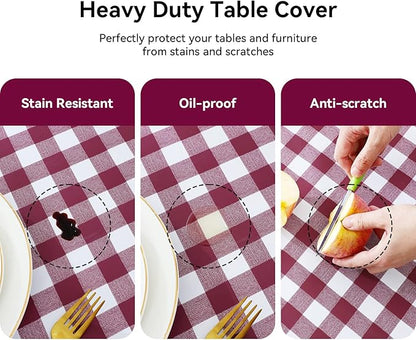 Romanstile Square Vinyl Tablecloth, 100% Waterproof Buffalo Gingham Plastic Table Cloth, Heavy Duty Wipeable Checkered Table Covers for Outdoor, Camping, Picnic, Patio - 60 x 60, Burgundy