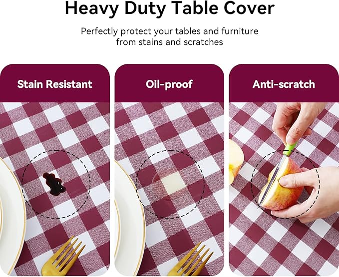 Romanstile Rectangle Vinyl Tablecloth, 100% Waterproof Buffalo Gingham Plastic Table Cloth, Heavy Duty Wipeable Checkered Table Covers for Outdoor, Camping, Picnic, Patio - 60 x 120, Burgundy