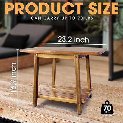 ENKEZI Acacia 24 Inches Outdoor Side Table, 2-Tier Sturdy Patio, End Table Weather Resistant, Strong Stability Side Table for Patio, Pool, Porch, Teak Finish (Modern Brown)