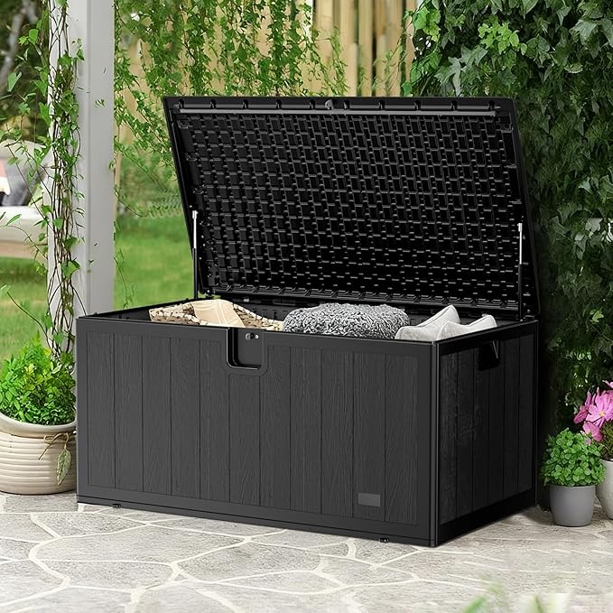 JEKO&JEKO 260 Gallon Outdoor Storage Box Set, 2-Pack 130 Gallon Plastic Deck Boxes with Lockable Lid for Patio, Garden Tools, Outdoor Cushions and Shoes, Black