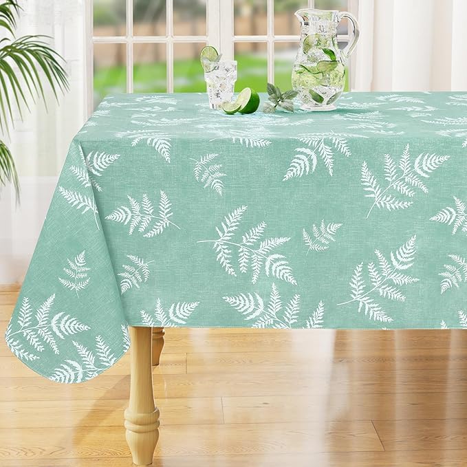 misaya Rectangle Waterproof Vinyl Table Cloth, Wipeable Tablecloth with Flannel Backing, Plastic Table Cover for Dinner, Picnic, Indoor and Outdoor (Light Green Leaves, 60" x 120")