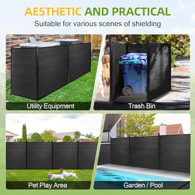 Mondaria Fence Privacy Screen with 8ft In-ground Posts, 6ft(H) x18ft(W) Wood Plastic Composite Fence Panels Weather-Resistant Outdoor Fence for Backyard/Garden (Black, 4 Posts)