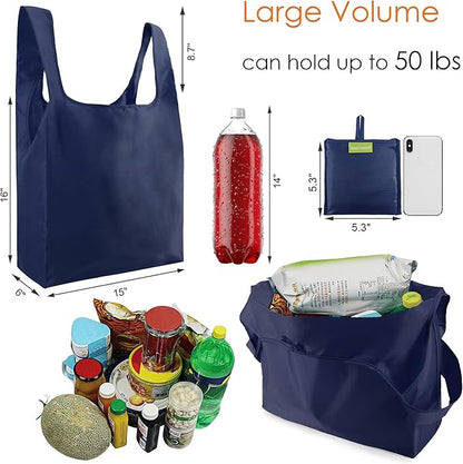 BeeGreen Navy Blue Reusable Grocery Bags Wholesale Reusable Kitchen Bags Bulk Foldable-Machine Washable with Zipper Storage Pouch 50 Packs