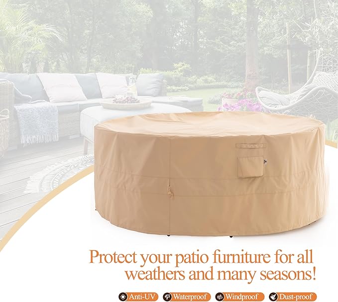 WJ-X3 Round Patio Furniture Cover, 110" D x 31" H, Waterproof, UV Resistant, Anti-Fading Outdoor Cover for Round Dining Table and Chairs Set, Beige
