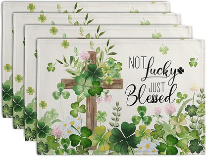 St Patricks Placemats Set of 4 St. Patrick's Day Cross Shamrocks Clover Linen Table Mats 12x18 Inch Spring Heat Resistant Washable Place Mat for Kitchen Dining Home Party Decor