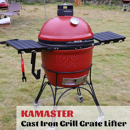 KAMaster Cast Iron Grill Grate Lifter,Grid Lifter Gripper Work for Big Green Egg Accessories Kamado Grill Joe Primo Vision Louisiana Grills,Grate Lifters with Red Protective Cover for Moving Hot Grate