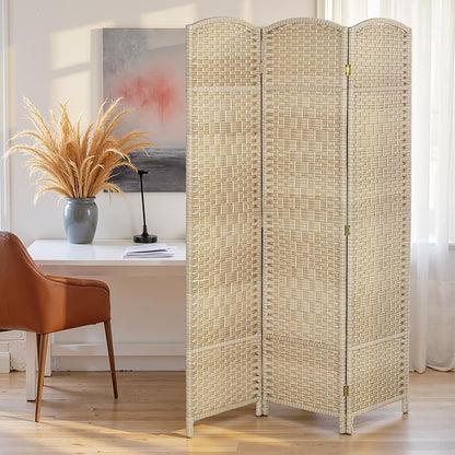 HOMCOM 3 Panel Room Divider, 6' Tall Folding Privacy Screen, Hand-Woven Freestanding Wall Partition for Home Office, Bedroom, Washed Oak