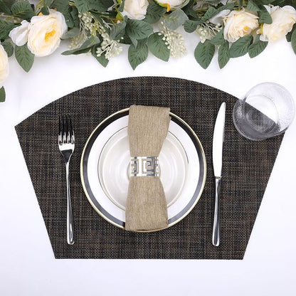 SHACOS Small Wedge Placemats Set of 4 Woven Vinyl Round Table Placemats Wipe Clean Round Table Mats Indoor Outdoor, Black Brown