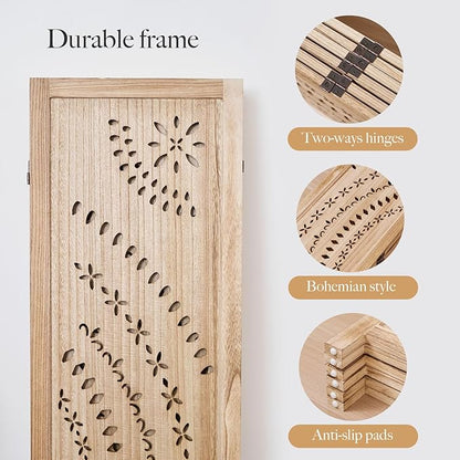 66.9Inch Folding Room Divider, 6 Panels Wood Carved Privacy Screens, Free Assembled Freestanding Partition for Home Office Restaurant Bedroom (Natural)