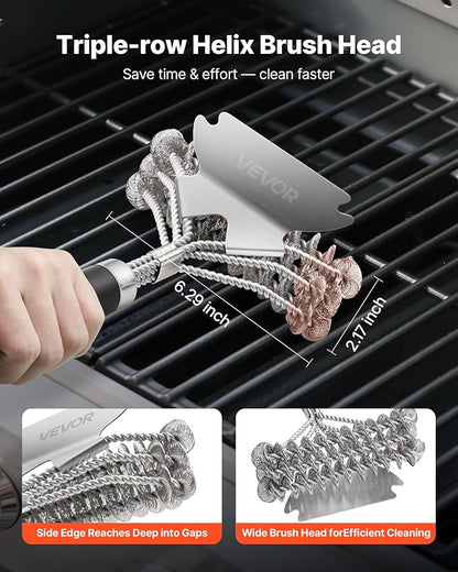 VEVOR Grill Brush and Scraper, BBQ Brush for Outdoor Grills, Stainless Steel Woven Wire, Bristle Free Barbecue Brushes for Porcelain, Charcoal, Grate Cleaner Grill Accessories, 17 in