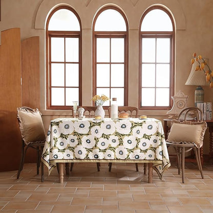 Designer Vintage Square Tablecloth,Linen French Tablecloth with White Floral Pattern,Decorative Table Cover for Kitchen,Dining,Thanksgiving,Tea Party,67" × 67"-Hidaka