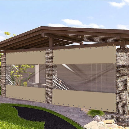 20 Oz Outdoor Vinyl Curtain, Outdoor Clear Panel Curtain, Weather Resistant Outdoor Curtain for Pergola, Porch, Gazebos, with Rustproof Grommets (8'H x 8'W, Beige)