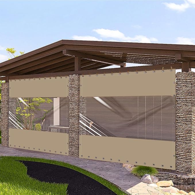 20 Oz Outdoor Vinyl Curtain, Outdoor Clear Panel Curtain, Weather Resistant Outdoor Curtain for Pergola, Porch, Gazebos, with Rustproof Grommets (10'H x 10'W, Beige)