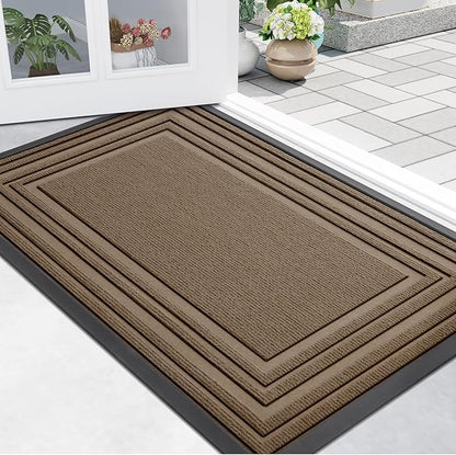 Buganda Front Door Mat Indoor Outdoor Entrance, Non-Slip Natural Rubber Doormats, Easy Clean, Low Profile, Dirt Trapper Entryway Floor Mats for Outside, Garages and Patios, 36x24, Light Brown