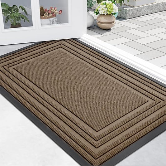 Buganda Front Door Mat Indoor Outdoor Entrance, Non-Slip Natural Rubber Doormats, Easy Clean, Low Profile, Dirt Trapper Entryway Floor Mats for Outside, Garages and Patios, 36x24, Light Brown
