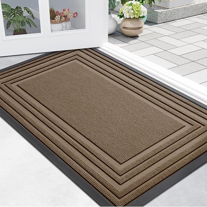 Buganda Front Door Mat Indoor Outdoor Entrance, Non-Slip Natural Rubber Doormats, Easy Clean, Low Profile, Dirt Trapper Entryway Floor Mats for Outside, Garages and Patios, 29.5x17, Light Brown