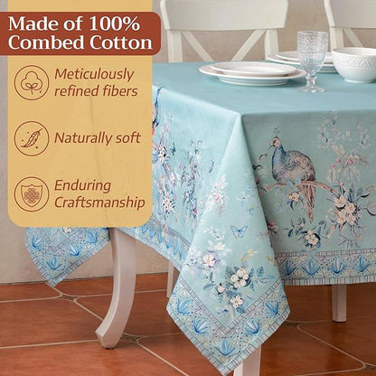 Maison d' Hermine Premium Table Cloth Rectangle Table 100% Combed Cotton 90 x 70 Inches Tablecloth Reusable Decorative for Dining Room Home Party Festive Wedding - Peacock Utopia - Pastel Turquoise