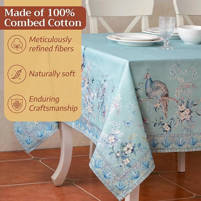Maison d' Hermine Premium Table Cloth Rectangle Table 100% Combed Cotton 108 x 70 Inches Tablecloth Reusable Decorative for Dining Room Home Party Festive Wedding - Peacock Utopia - Pastel Turquoise
