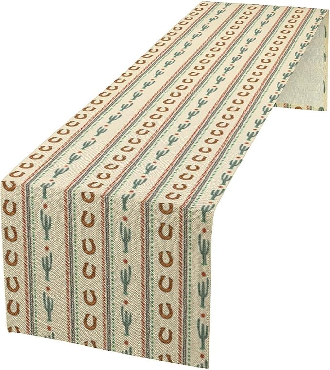 Western Table Runner,Vintage Farmhouse Country Cowboy Horseshoe Cactus Print Table Runner for Kitchen Dining Table Holiday Home Party Decor 13x120in