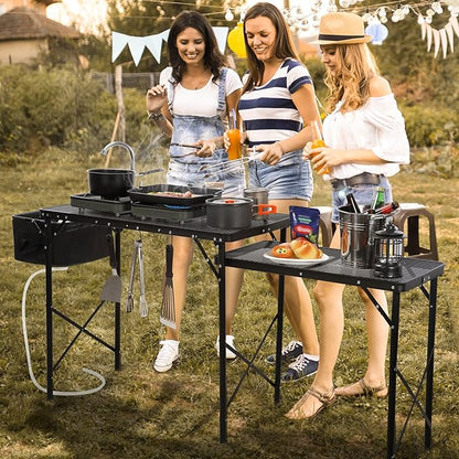 RedSwing Folding Grill Table with Sink and Double Shelf, Multifunctional Portable Stand Table for Outdoor Camping, Picnics, and Barbecues, 69"x20"x31.5", Black