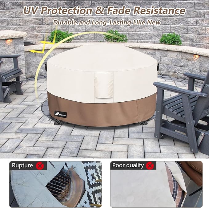 Fire Pit Cover Round 32 Inch Waterproof,Outdoor Heavy Duty Durable 600D Tear-Resistant Fire Pit Table Cover,Patio Round Firepit Cover 32" D x 16" H, Beige