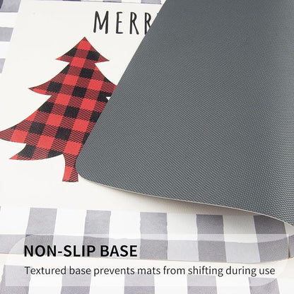 QIYI Christmas Placemats Set of 6, 12x18 Inch PU Leather Place Mats for Kitchen Dinning, Heat Resistant Anti Slip Buffalo Plaid Table Mats, Waterproof Washable Placemat Party Table Décor, Xmas Trees