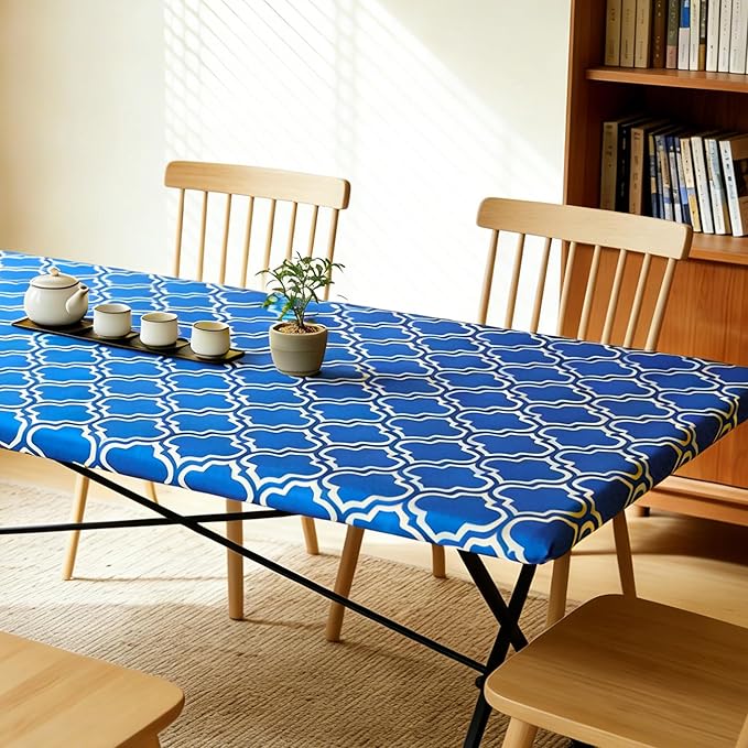 Rectangle Picnic Table Cloth, Elastic Waterproof Fitted Vinyl Tablecloths for 8 Foot Tables, Wipeable Flannel Backed Table Covers for Dining, Camping, Outdoor(Blue,36"x96")