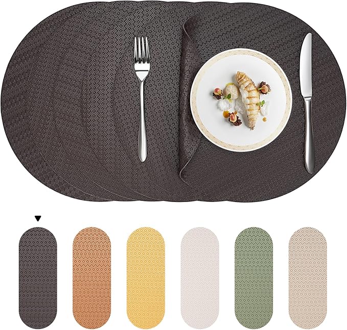 Round Faux Leather Placemats Set of 6 – 13 Inch Vinyl Mats, Heat Resistant, Non Slip, Wipeable & Washable, Easy to Clean Dining Table Decor for Kitchen & Holiday Gatherings（Black）