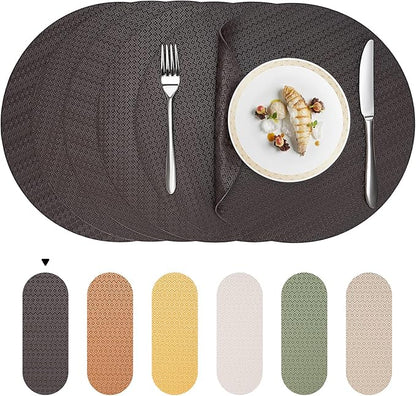 Round Faux Leather Placemats Set of 4 – 13 Inch Vinyl Table Mats, Heat Resistant, Non Slip, Wipeable & Washable, Easy to Clean Dining Table Decor for Kitchen & Dining（Dark Brownish Black）