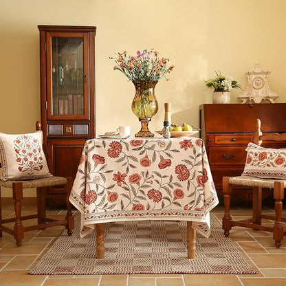 ISAENNE Designer French Long Rectangular Tablecloth,Linen Orange Floral Pattern Indoor Table Cloth,Wrinkle Resistant Decor Table Cloth for Dining Thanksgiving Kitchen Party,63"*94"-Alvarado D