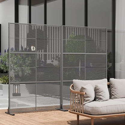 Casaphoria Metal Privacy Screen Outdoor, 72" H x 47" W Freestanding Decorative Privacy Screen for Patio Deck Balcony Garden with Stable Base, Black-Cross Stripe