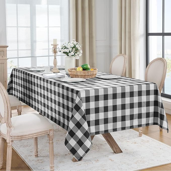 Softalker Gingham Checkered Tablecloth Rectangle - Outdoor Waterproof Buffalo Plaid Table Cloth, Stain Resistant Washable Table Cover for Picnic, Camping - Black and White, 2 Pack - 60 x 102 Inch