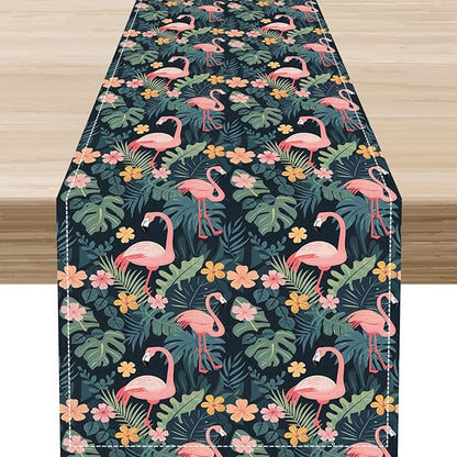 Tropical Flamingo Table Runner,Hawaii Seasonal Floral Spring Summer Green Plants Table Center Decor for Family Kitchen and Living Room Outdoor Farmhouse Party Table Decorations, 13"x90"