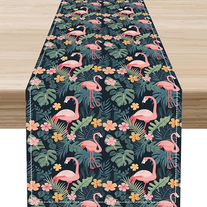Tropical Flamingo Table Runner,Hawaii Seasonal Floral Spring Summer Green Plants Table Center Decor for Family Kitchen and Living Room Outdoor Farmhouse Party Table Decorations, 13"x36"