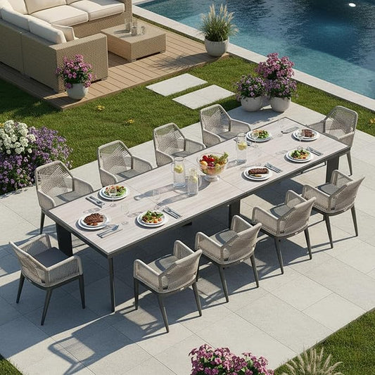 PURPLE LEAF 11 Pieces Patio Dining Set Aluminum Modern Oversize Rectangular Table and Rattan Arm Chairs with Cushions for Kitchen Porch Garden Outdoor Furniture Sets, Beige and Dark Grey