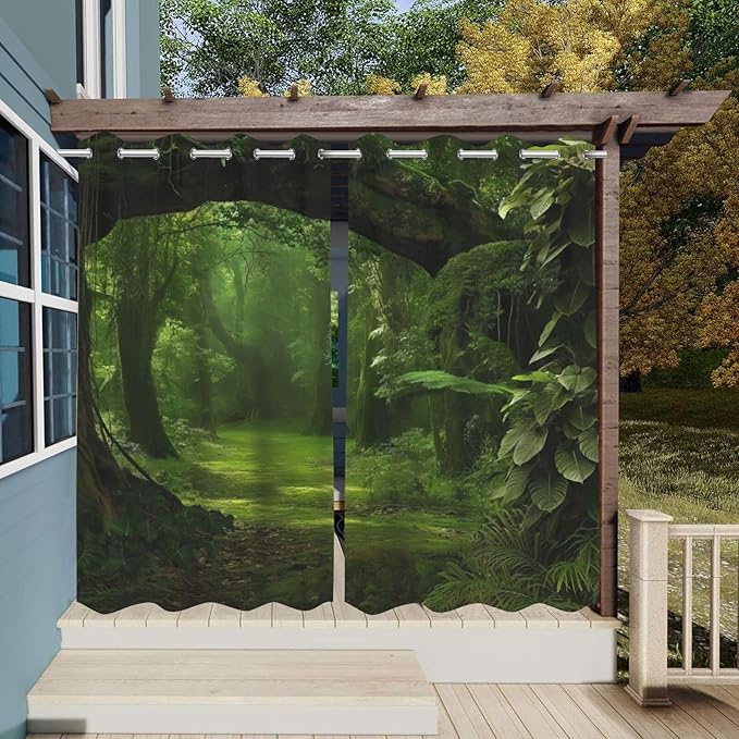 Nature Theme Waterproof Indoor/Outdoor Curtains,Forest Pattern,Grommet Curtain for Bedroom, Porch, Living Room, Pergola, Cabana,2 Panel,42 x 63 inch,Green