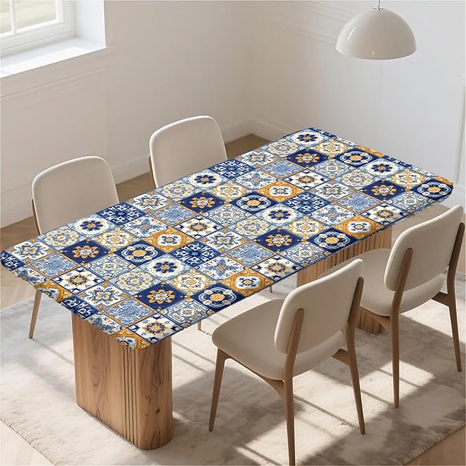 Rectangle Table Cloth Cover Waterproof Elastic Fitted Polyester Fitted Tablecloths for 4 Foot Tables for Indoor,Picnic, Camping, Outdoor （48" x 24"，Bohemian Style）