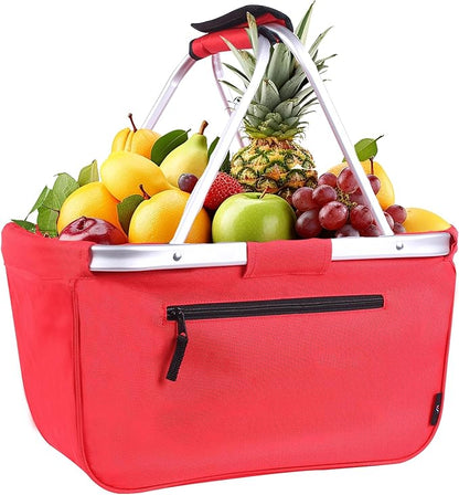 Picnic Basket, SIYUAN Collapsible Shopping Basket 24L Portable Grocery Basket with 2 Handles Reusable Folding Market Basket Large Christmas Basket, Cherry Red