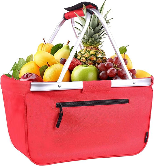 Picnic Basket, SIYUAN Collapsible Shopping Basket 24L Portable Grocery Basket with 2 Handles Reusable Folding Market Basket Large Christmas Basket, Cherry Red