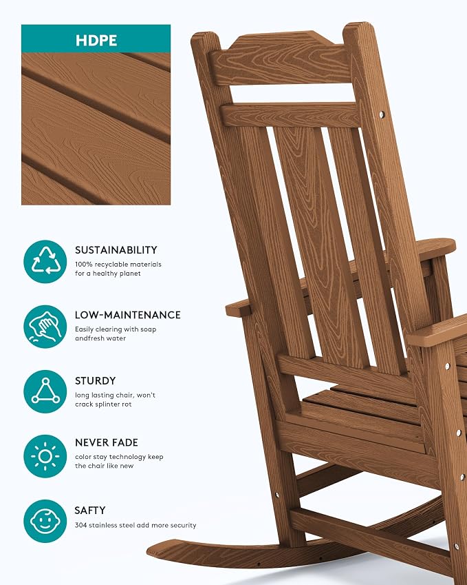SERWALL Oversized Outdoor Rocking Chair, Patio HDPE Rocking Chair, All Weather - Image 6
