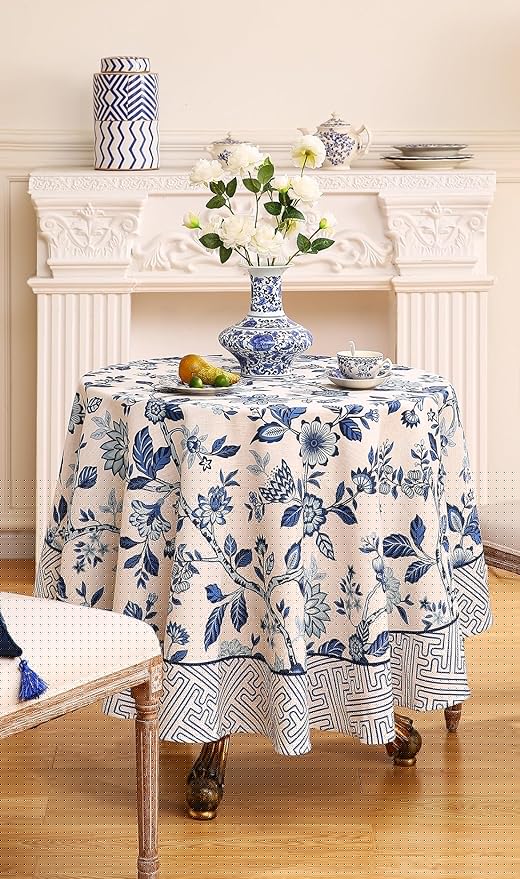 Vintage French Linen Small Round Tablecloth,Blue and White Floral Soft Tablecloths,Decorative Table Cover for Kitchen,Dining,Tea Party,Thanksgiving,Christmas,Diameter 55"-Suqing