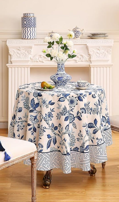 Vintage French Linen Small Round Tablecloth,Blue and White Floral Soft Tablecloths,Decorative Table Cover for Kitchen,Dining,Tea Party,Thanksgiving,Christmas,Diameter 55"-Suqing