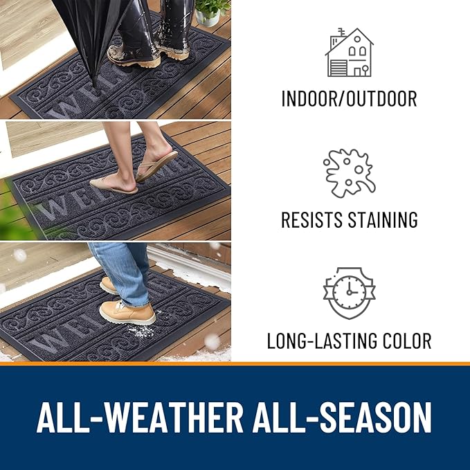 OLANLY Welcome Door Mat Indoor Outdoor Entrance, Heavy Duty Sturdy Front Door Mat, Waterproof All-Weather Doormat, Stain Resistant, Low Profile, Easy Clean Patio Entryway Mat, 36 x 24, Medium Grey